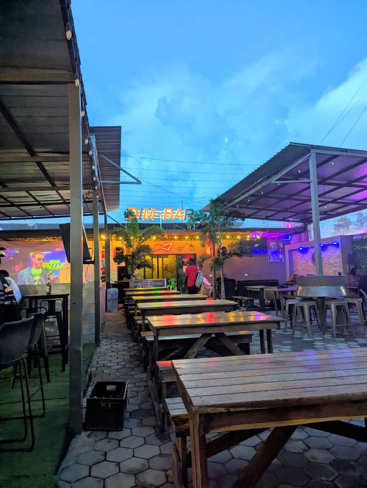 DIM-BAR — glowing sign, string lights, vibrant nightlife in Lusaka